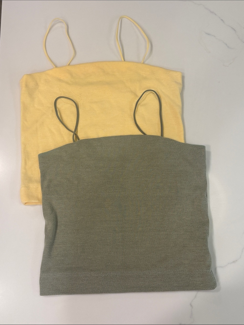 American Eagle Outfitters Yellow and Olive Ribbed Spaghetti Strap Crop Tops